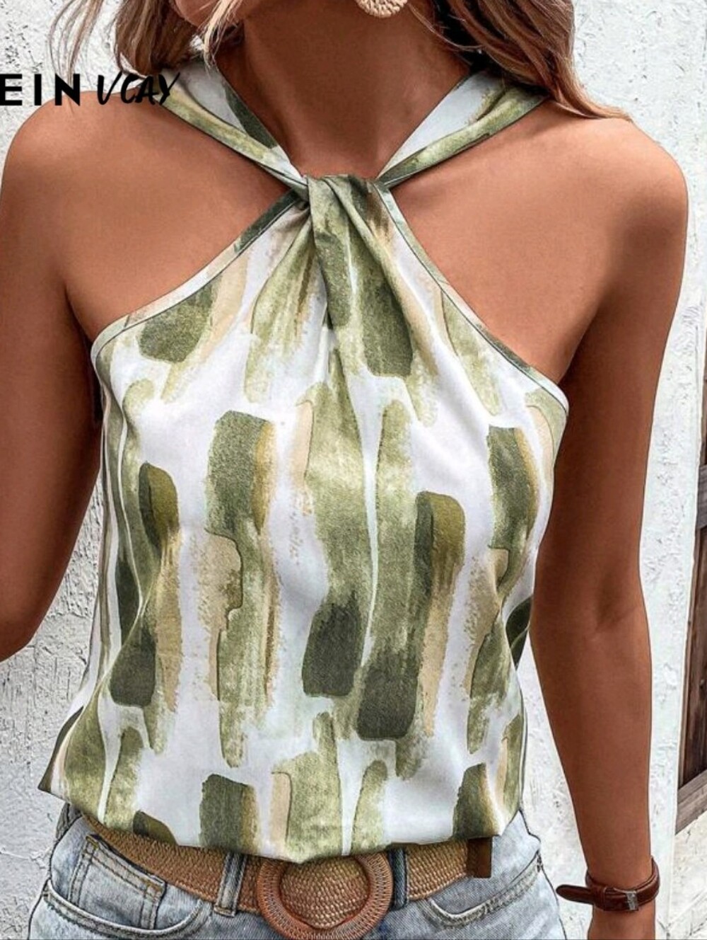 SHEIN Olive Brush-Print Twist Halter Cami